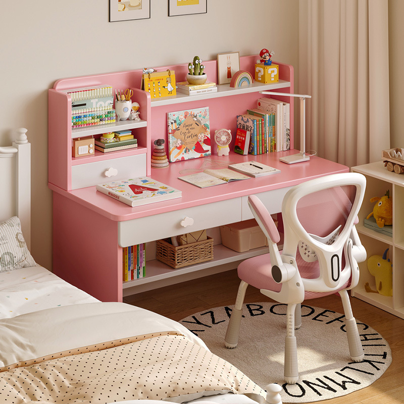 Escritorio de madera para niños, estantería, escritorio integrado, escritorio de estudio, dormitorio en casa para estudiantes de primaria, juego de escritorio y silla para niñas