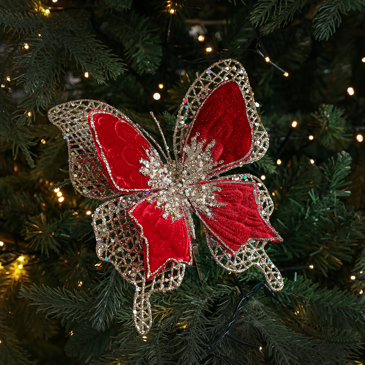 Nuevo arco de tela agujero clip de tela de lana de doble capa colgante de polvo pegajoso flocado diseño de decoración de árbol de Navidad