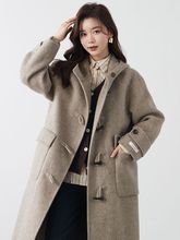 2023韓版冬季毛呢外套時尚復古寬松牛角扣中長款連帽呢子大衣女裝