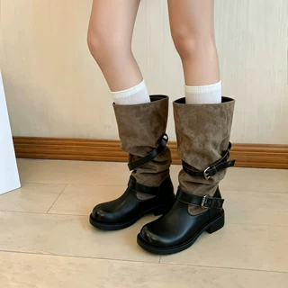 真皮~内增高7cm复古圆头骑士靴女皮带扣百搭显瘦堆堆靴粗跟中筒靴