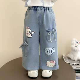 女童裤子春秋款2025新款韩系宽松阔腿裤跨境小童秋装超好看牛仔裤