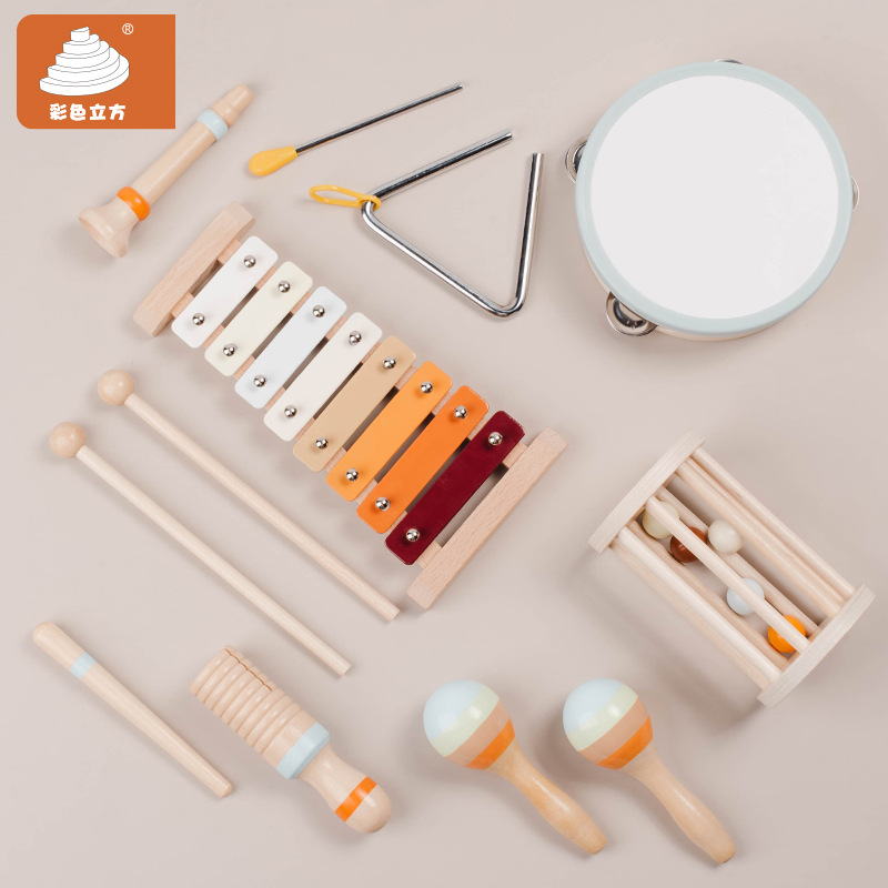 Montes-Orff Juego de instrumentos de percusión de educación temprana para niños, pandereta de mano, trompeta, martillo de arena, juguete musical de hierro triangular