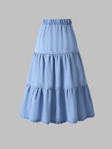 Retro Elastic Waist Patchwork Denim Half Skirt for Women Spring Summer Slimming Medium Length A-line Umbrella Skirt Multi-layer