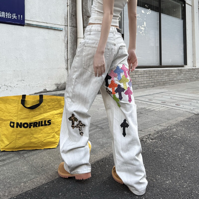 New Style Crocodile Jeans for Men, Dopamine Cross Patchwork Straight Wide-Leg Pants, Trendy Couple's Jeans