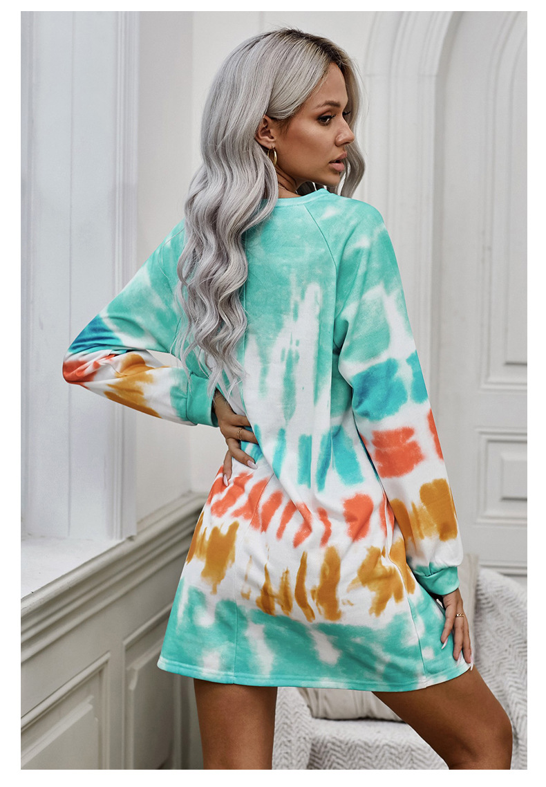 autumn and winter women s tie-dye round neck long-sleeved loose sweatershirt dress nihaostyles wholesale clothing NSSI79484