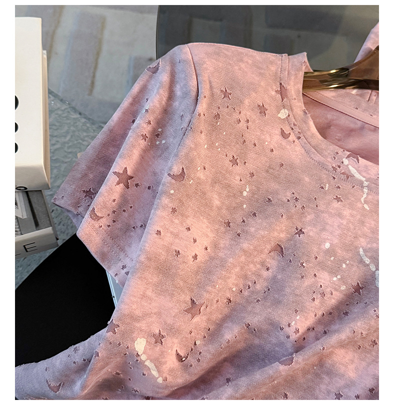 Women's Clothing Fashion Sports Casual Suit Pink Tie Dyed Short Sleeved Top Wide Leg Trousers Two Piece Suit_voghion.com