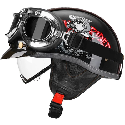 Motosiklet kaskı (dəbilqə) – Retro Motorcycle Helmet Leather Helmet for - bright-black-shark-bully-transparentsilver-frame-mirror-m
