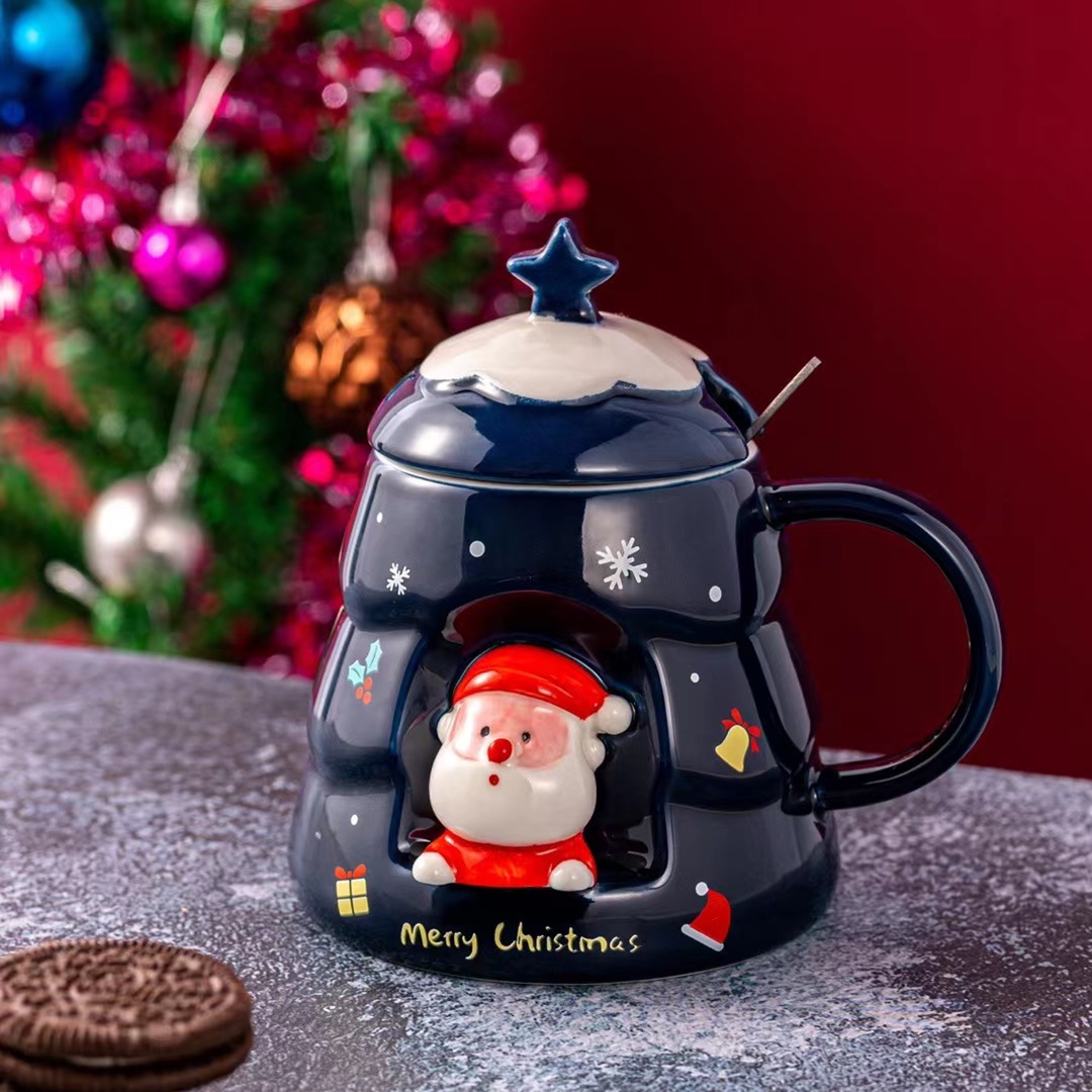 Creativo personalizado Navidad en relieve Taza de cerámica con tapa cuchara hogar taza de beber regalo taza de café de dibujos animados