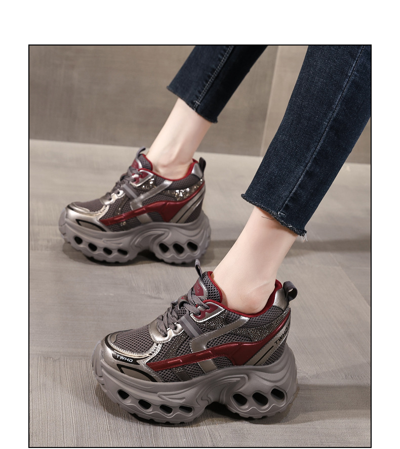 Giày sneaker nữ đế dày phong cách bố bỉm lỗ thoáng khí, tăng chiều cao 12 cm — màu nâu chi tiết 15