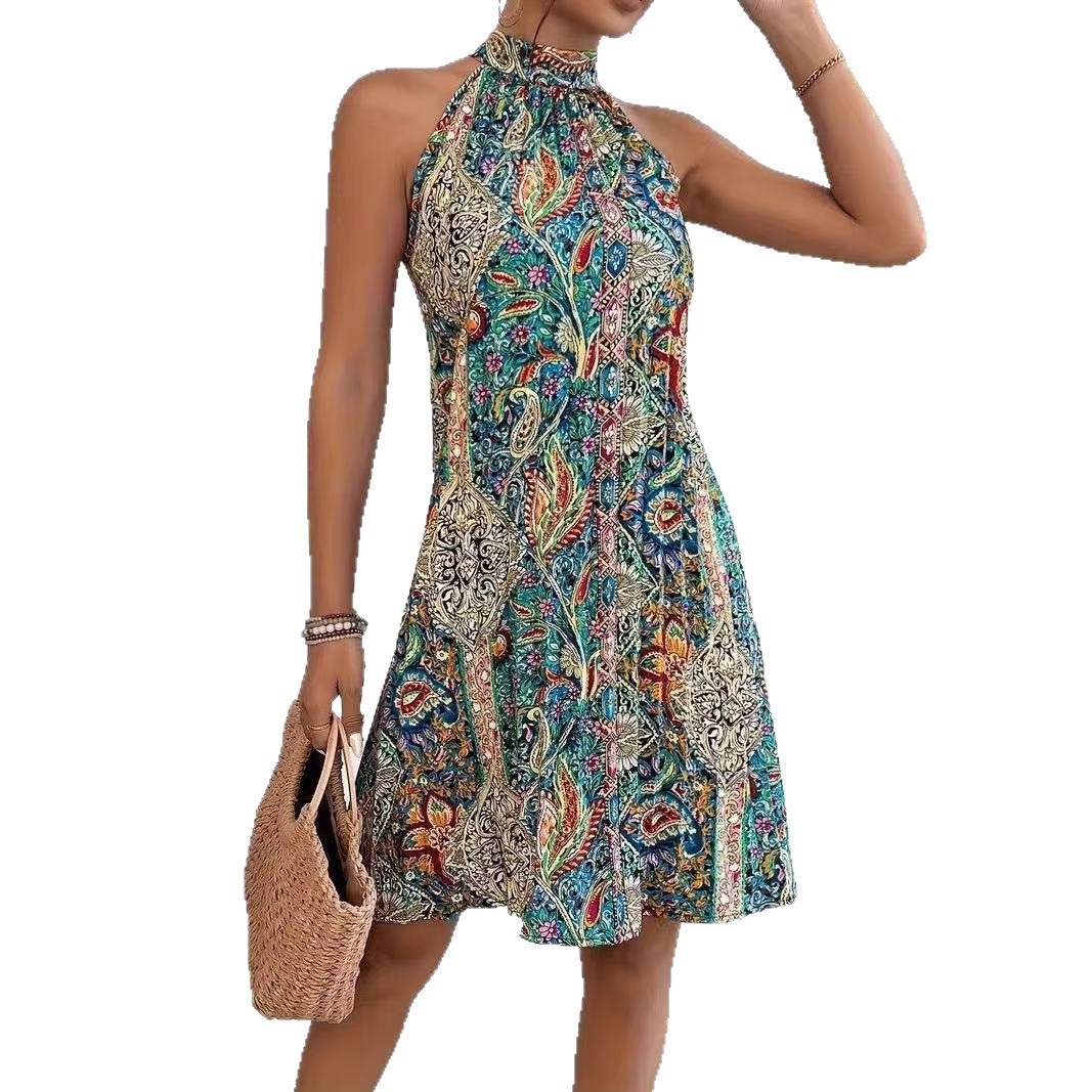 Women's Bohemian Style Pullover Sleeveless Halterneck Temperament Dress Beach Resort Style_ecoleips.com