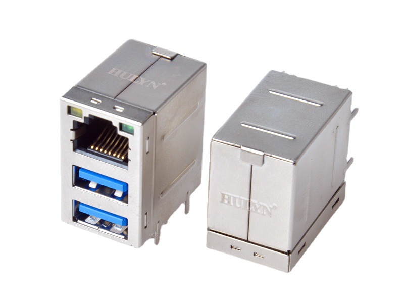 供应双层USB+RJ45，连接器，带灯，USB3.0+RJ45材质