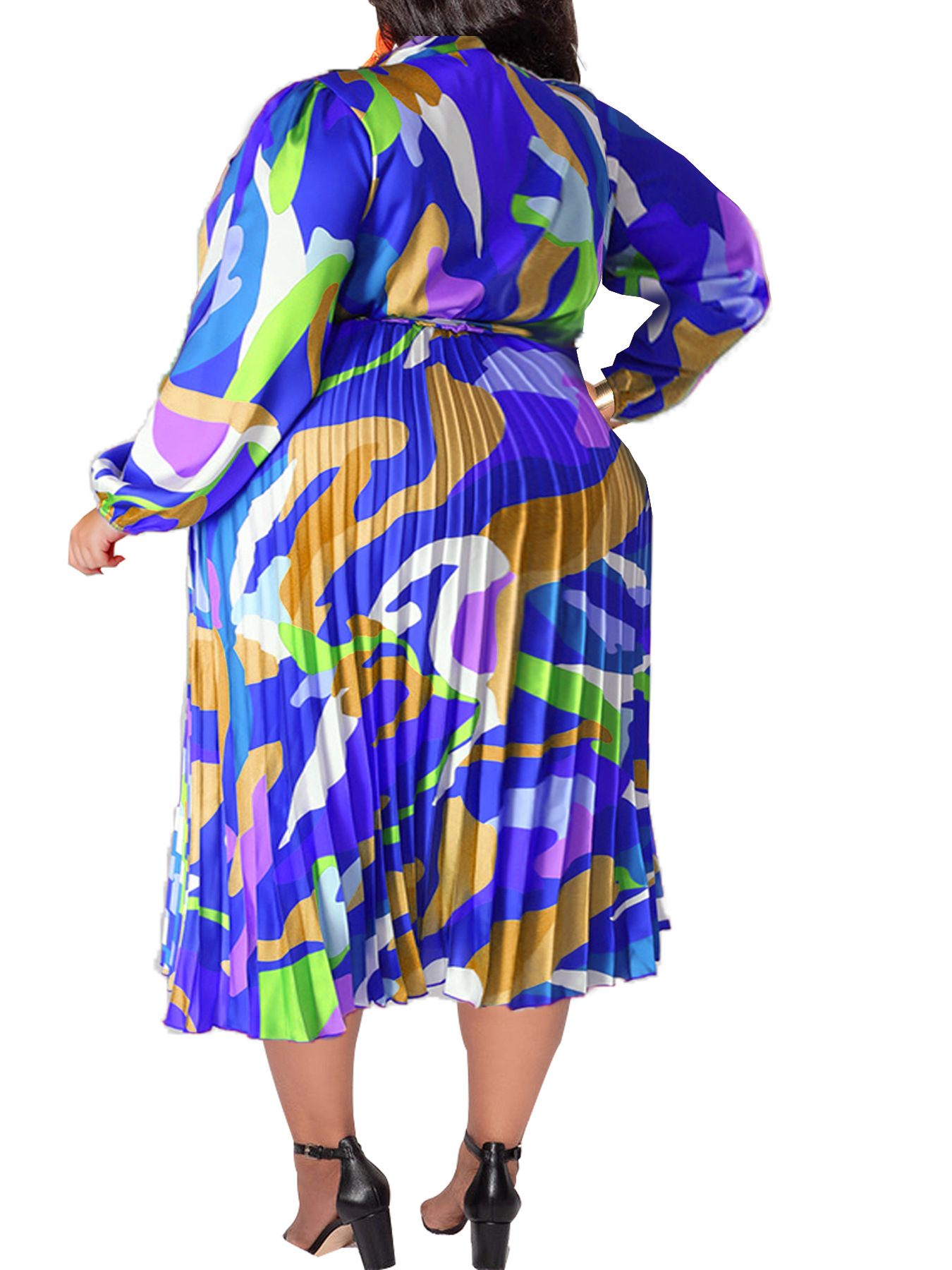 Damen Plus Size Plissee Kleid Mit Kragen Und Langen Ärmeln_voghion.com