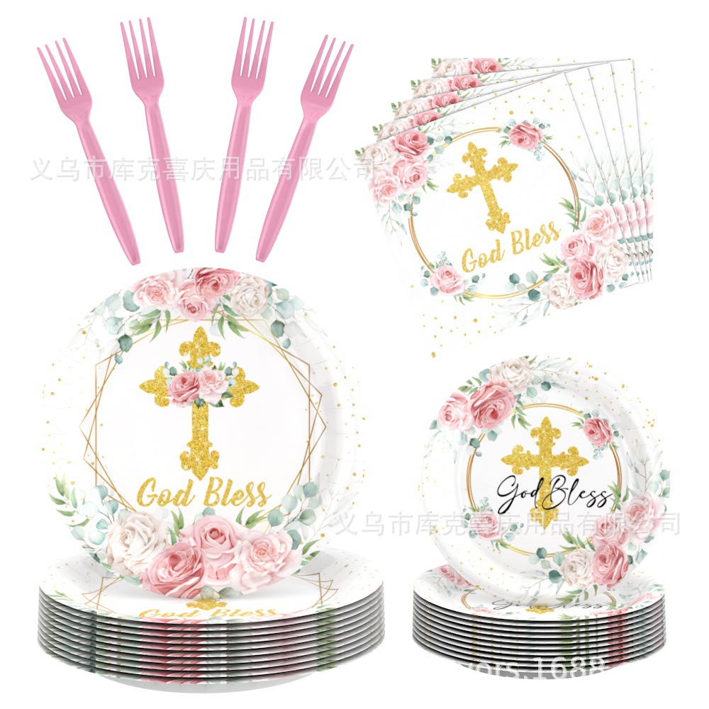 Nuevos platos de fiesta de la Santa Comunión de la Cruz Rosa Bautismo de bebés bandeja de papel desechable taza de papel toalla decoración de fiesta