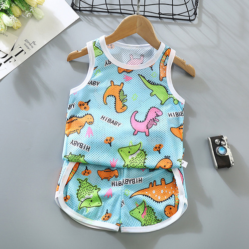 2024 New Children's Thin Hollow Vest Set Boys and Girls Baby Summer Wear Mesh Breathable Sleeveless Two-piece Set
