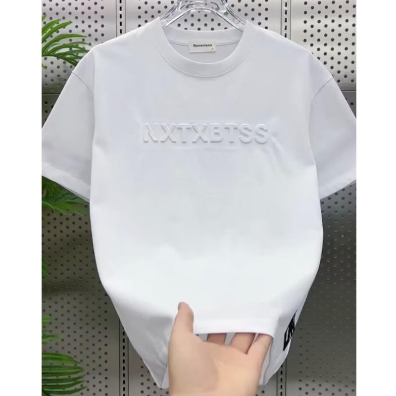 2023 Spring Summer New Stereo Steel Print 3D Letter Short Sleeve Fashion Brand Casual Versatile Slim Fit Round Neck