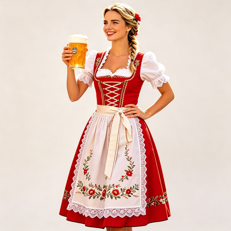 German Munich Oktoberfest Red Traditional Dirndl Dress Women's Bavarian Embroidered Lace Dress