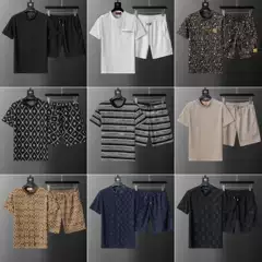 Correct Version D & L High Quality All-Over Letter Dark Pattern Knit Jacquard Cotton Short Sleeve Crew Neck Set Unisex