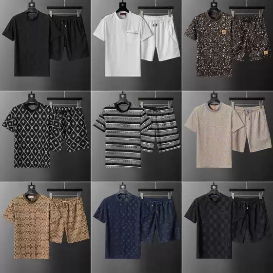 Correct Version D & L High Quality All-Over Letter Dark Pattern Knit Jacquard Cotton Short Sleeve Crew Neck Set Unisex