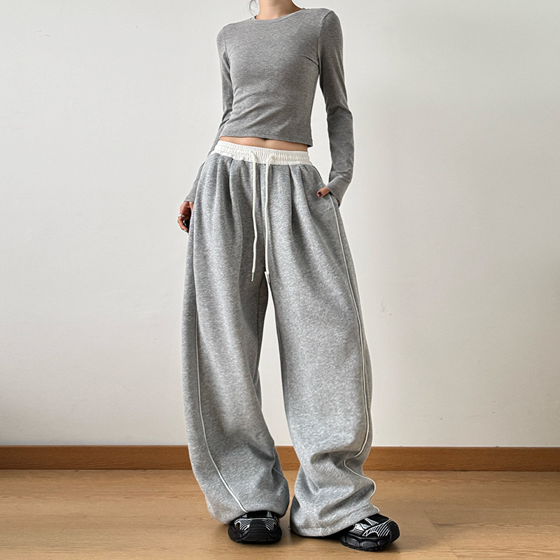 Drawstring Sports Casual Pants for Women 2024 Autum New Splicing Slimming Look Wide-Leg Pants Straight-Leg Versatile Loose Floor-Length Pants