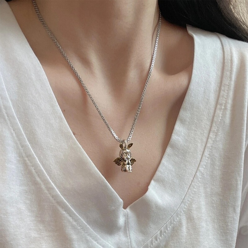 潮酷小天使祈祷吊坠项链女复古重工做旧皇冠S925纯银锁骨链毛衣链|undefined
