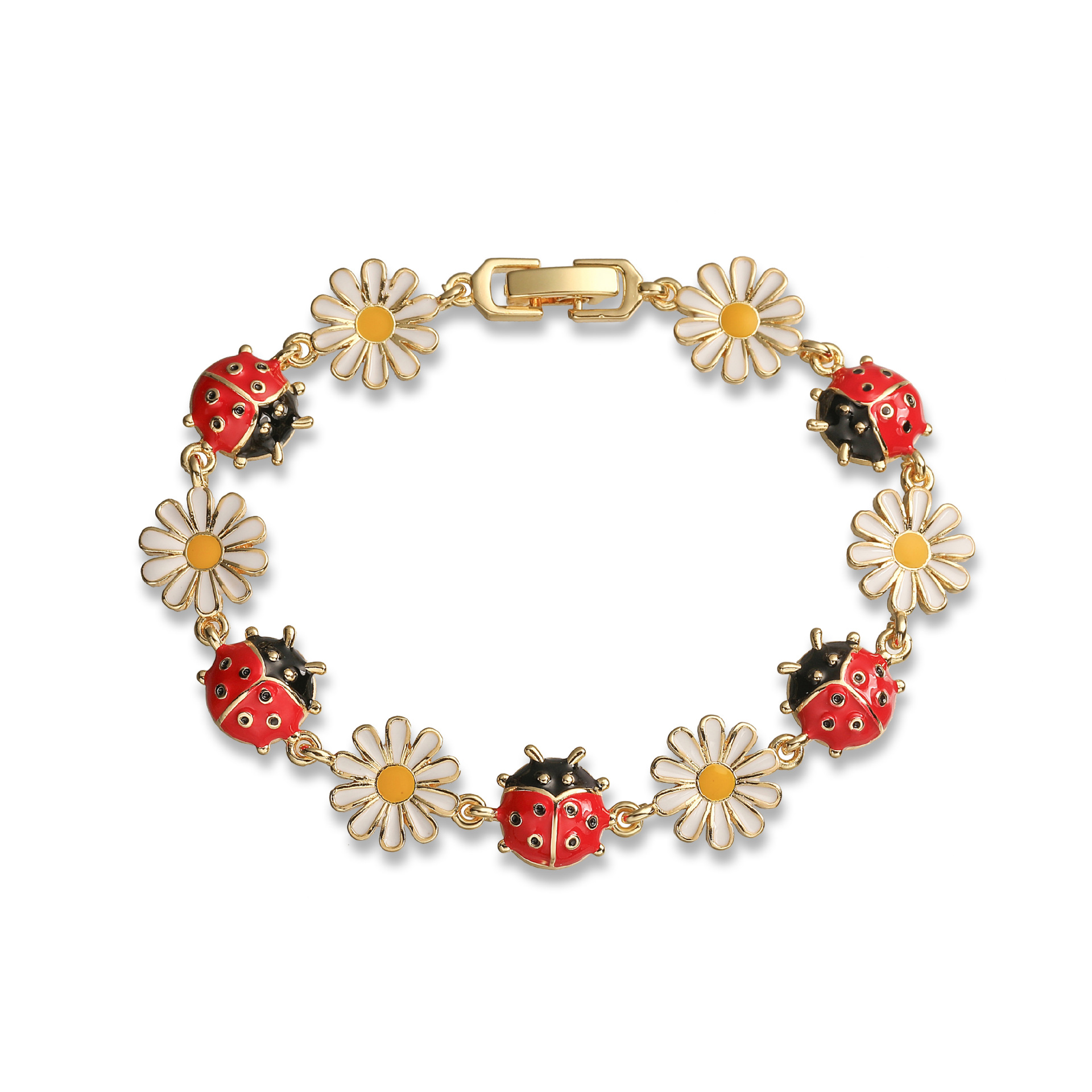 골드, 블랙, 레드 비틀 화이트 데이지 패치워크 팔찌