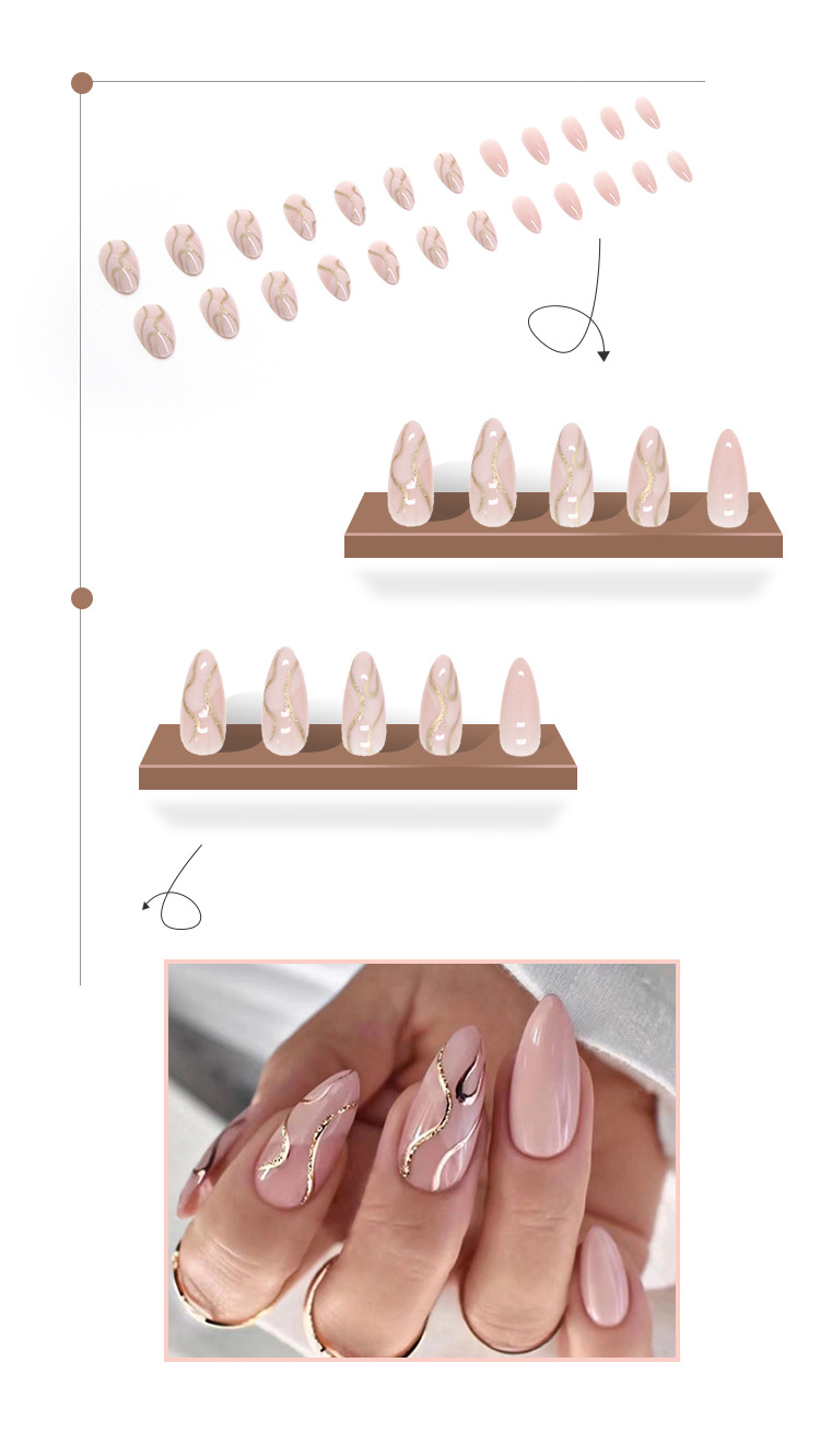 Conjunto unhas postiças amêndoa rosa com design dourado 24p_voghion.com