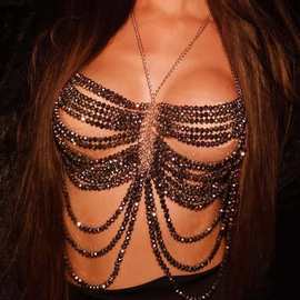2025 temu 跨境亮珠胸衣背心沙滩bead bodychain bra top 胸链