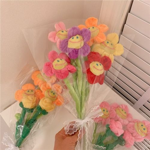 Smiling Face Plush Sunflower Artificial Flower Bouquet Rose Fake Flower Room Decoration Ornament Birthday Gift For Girls Photo Prop