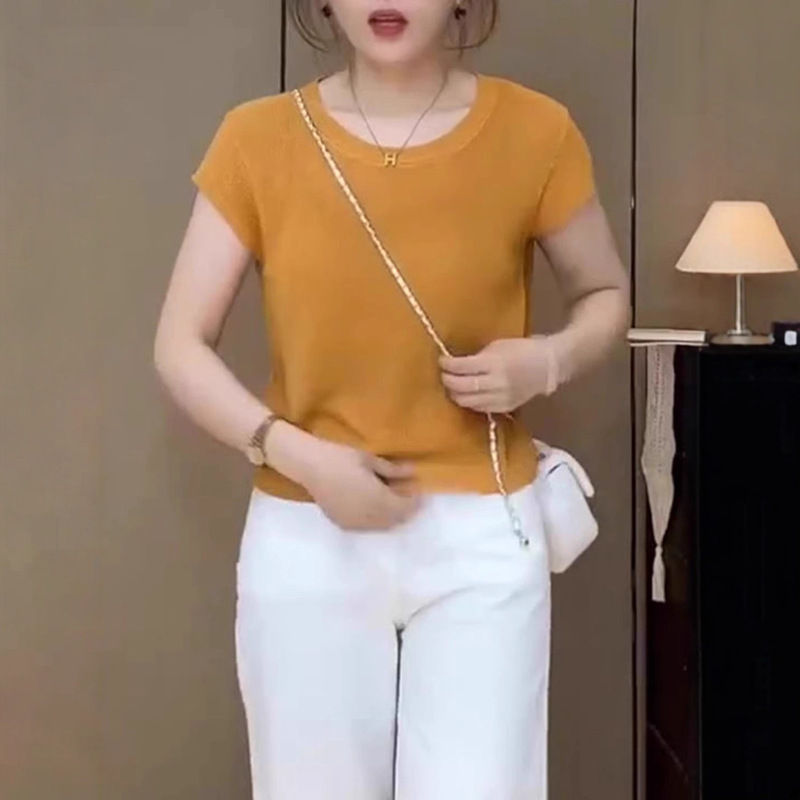 韩版休闲简约日常百搭款橘色上衣女2025夏季高级感薄款防晒针织衫|undefined