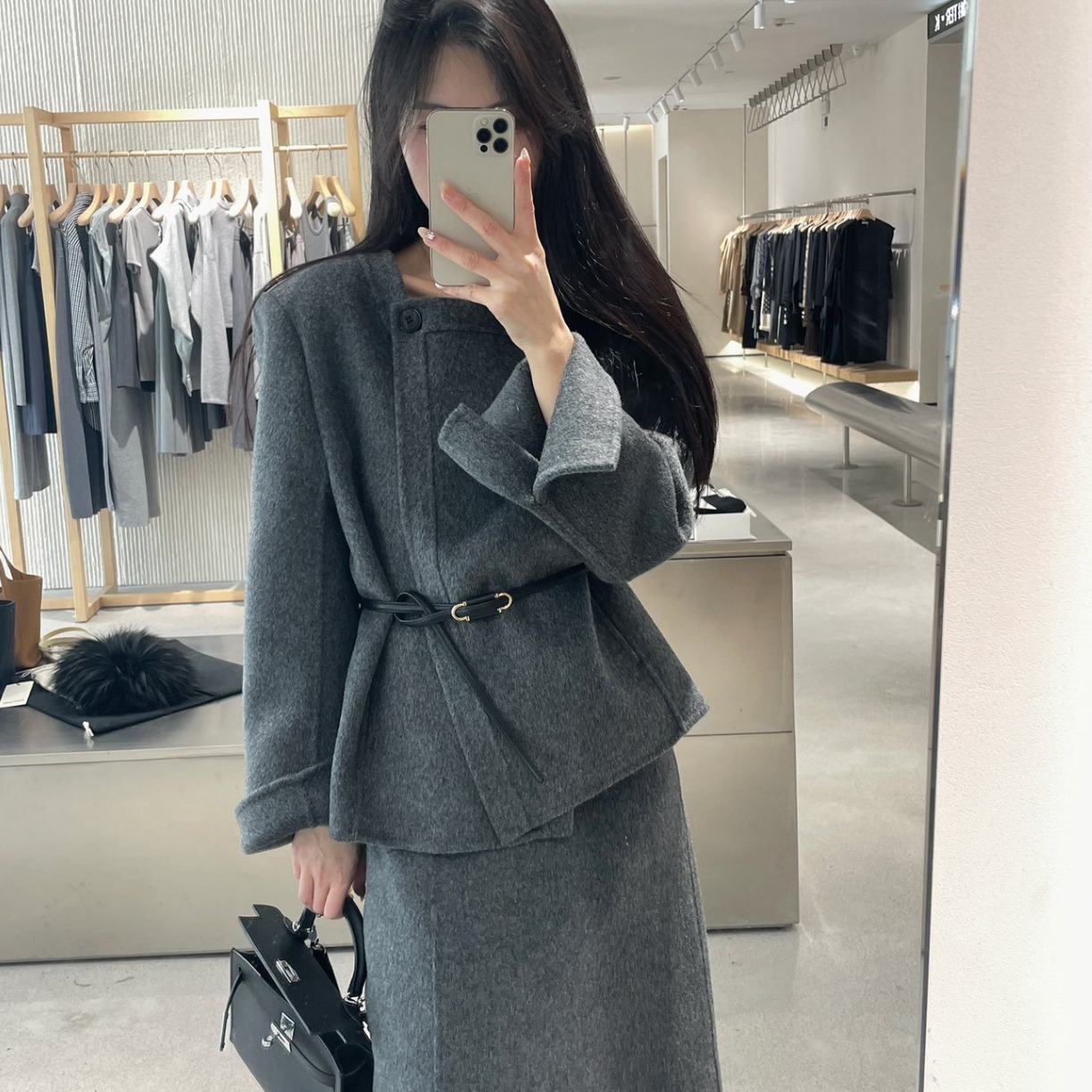 [100% 호주 양모] 새로운 양면 캐시미어 코트 세트 허리 슬리밍 기질 벨트 스타일