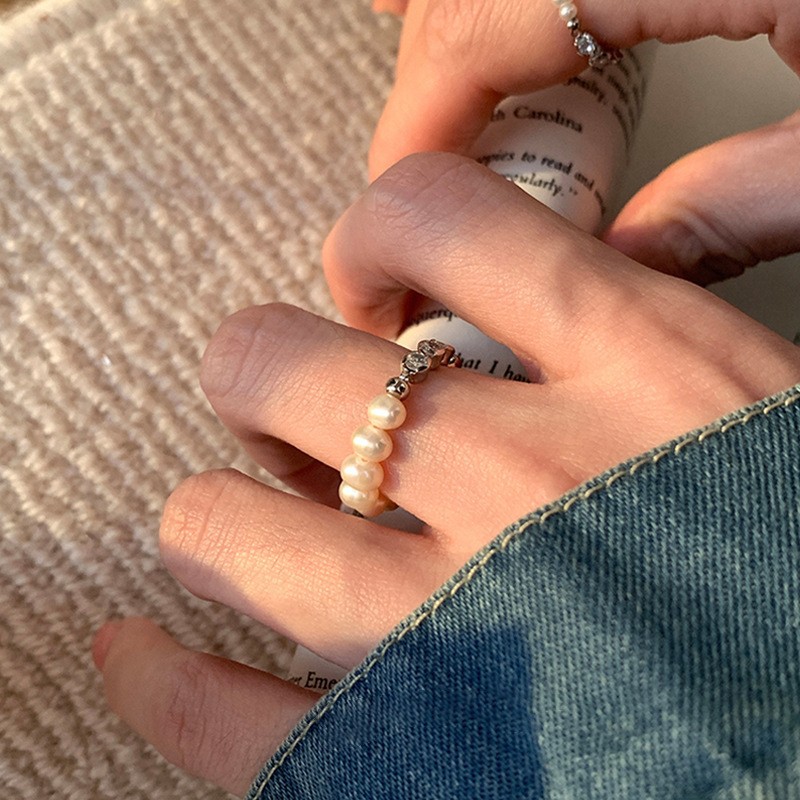 Anillo de circonita de perlas de viento ins, nicho femenino, sentido de alta gama, simple y ligero, anillo de novia de lujo, anillo de apertura de temperamento al por mayor