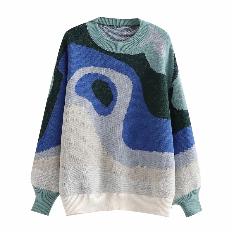 European and American foreign trade sweater color matching rainbow printing semi-high collar warm loose casual pullover long sleeve sweater sweater