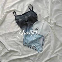 星空蓝|中开衩|可拆胸垫专业竞速三角连体泳衣女士显瘦遮肉露背