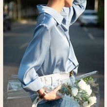 2024蓝色丝绸缎面衬衫女长袖春秋仿醋酸衬衣法式气质垂感高级感上