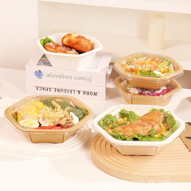 Disposable Hexagonal Kraft Paper Lunch Box Food-Grade Hexagonal Light Salad Bowl High-End Pasta Packaging Box