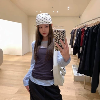MZI STUDIO秋季韩系简约风系带吊带背心+圆领长袖T恤套装女A10326
