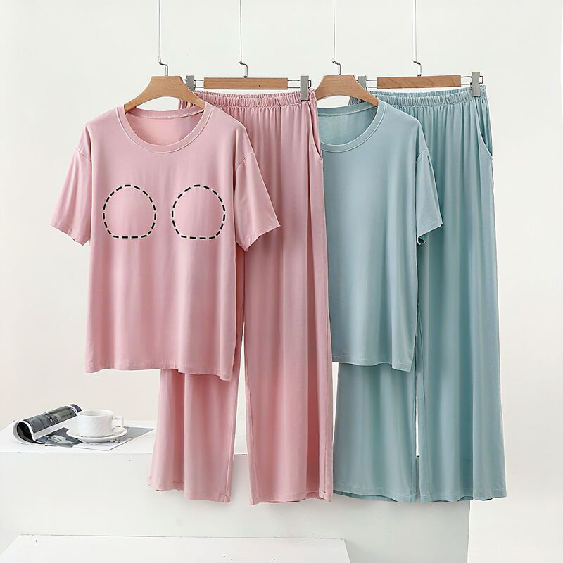 Women's Pajamas, Summer Modal Short-Sleeved Long Pants, 2026 New Large Size, Can Be Worn Outside, Summer Women's Home Wear with Chest Pads
