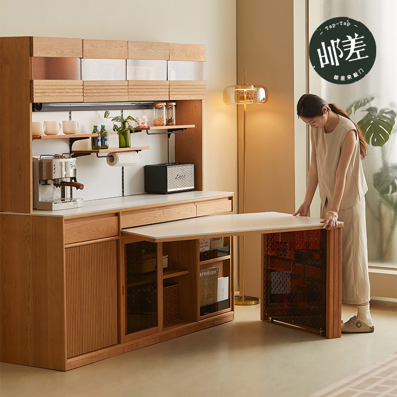 Cherry Wood Sideboard and Dining Table Combo, Rotatable, for Small Apartments, with a Wall-Mounted, Extendable Wooden Feature Cherry Wood Sideboard and Dining Table Combo, Rotatable, for Small Apartments, with a Wall-Mounted, Extendable Wooden Feature