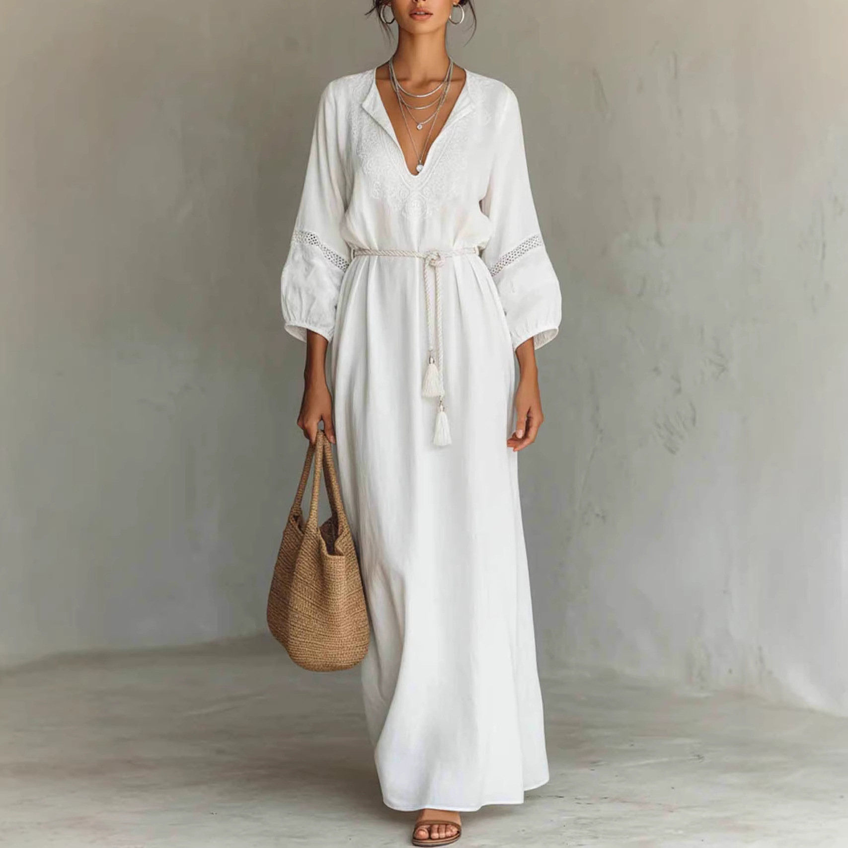 Europäisches und amerikanisches grenzüberschreitendes unabhängiges Standort-Kleid, lässig, locker, im Bohème-Stil, Baumwoll-Leinen, für den Urlaub, neu_voghion.com