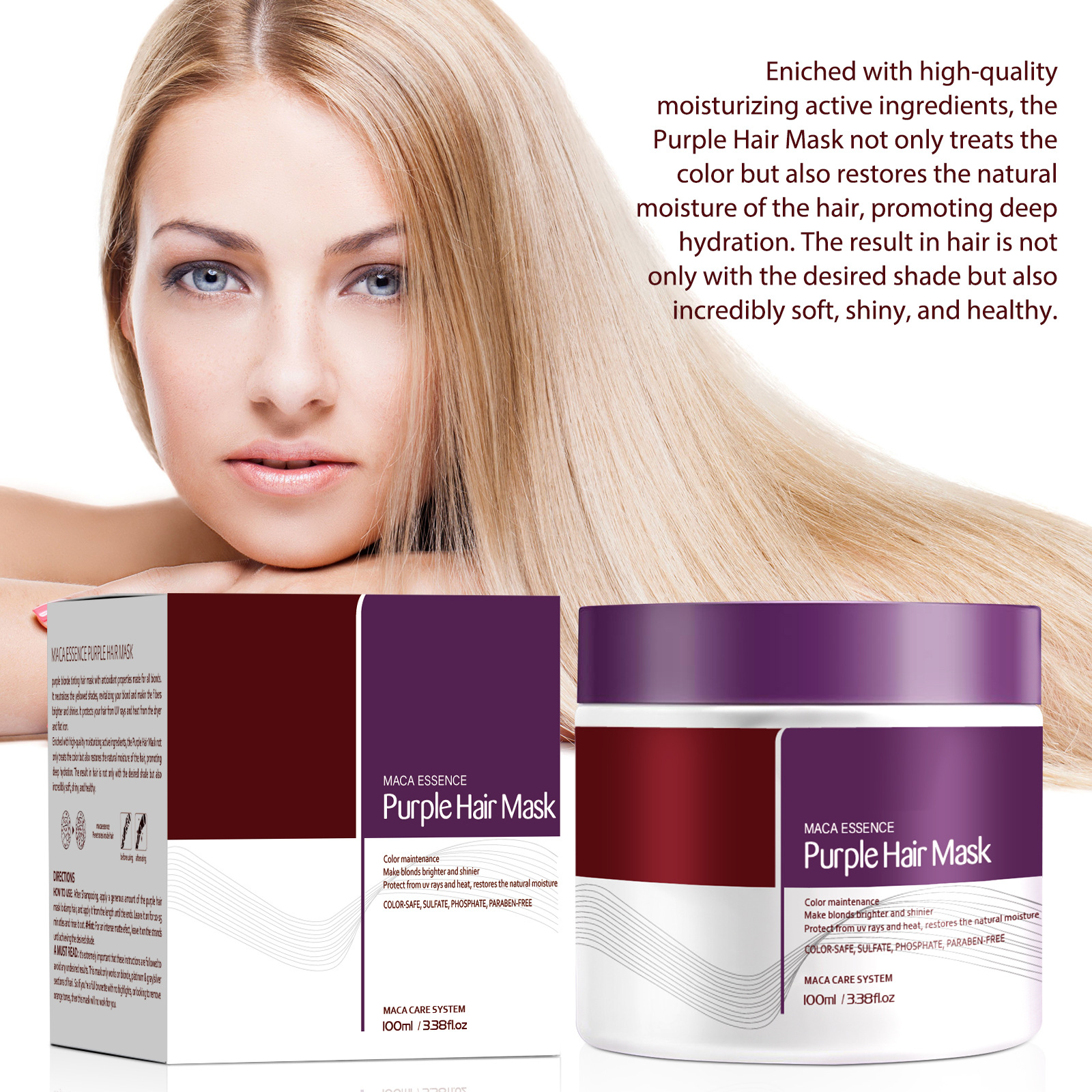 Máscara para el cabello de colágeno transfronteriza, máscara para el cabello de reparación profunda, máscara para el cabello púrpura, máscara para el cabello suave y limpia profunda