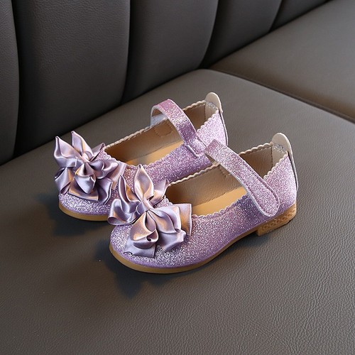 Children's leather shoes for girls, glitter princess shoes with bow, single shoes for little girls, performance shoes for girls