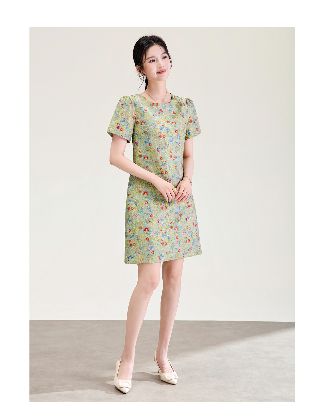 Váy maxi nữ thắt eo dáng suông họa tiết jacquard pha len — xanh lá cây chi tiết 12