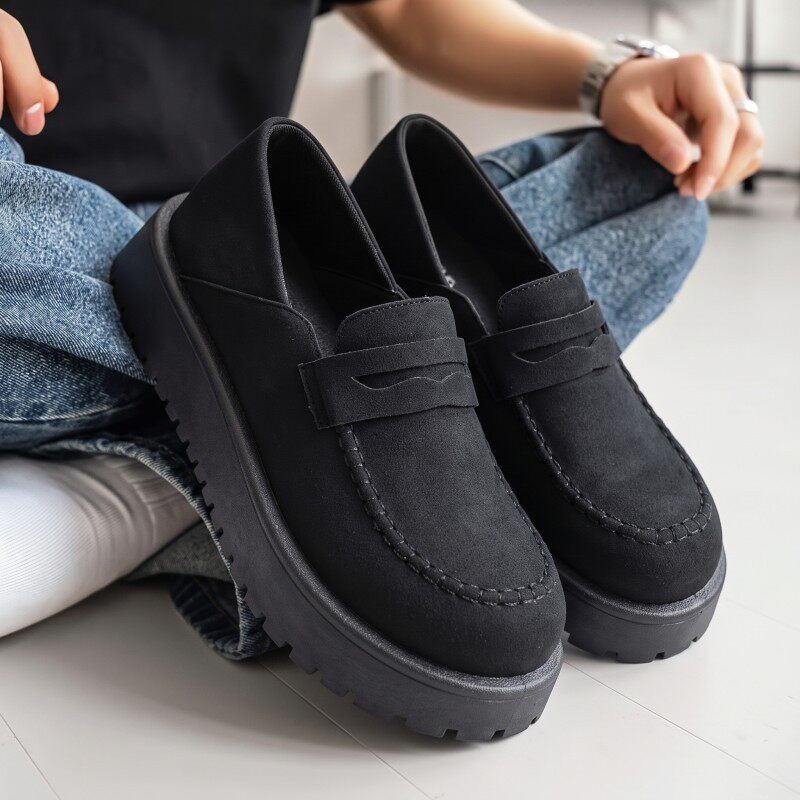 Giày lười nam da PU mũi tròn đế dày chống trượt, gót 3–5 cm — Xanh lá cây nhạtcolor, màu kaki, đen