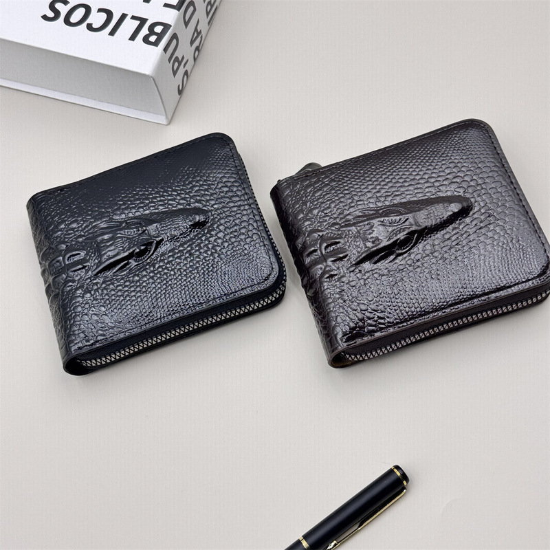 Cross-border Explosive New Men's Wallet Short Zipper Crocodile PU Leather Multi-card Large Capacity Change Storage Bag