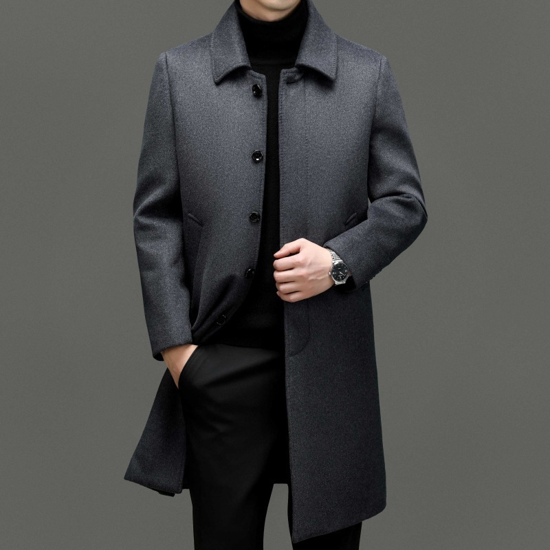 Autumn and Winter Long Cashmere Coat Men's Middle-aged and Elderly Men's Fleece-lined Thickened Wool Coat Father's Grandpa Woolen Coat
