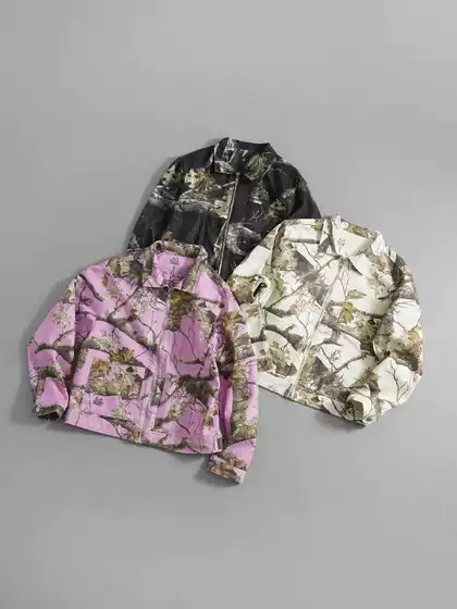 Stu Jackson Wang Maple Leaf Branch Print Work Jacket Loose Fit Spring and Autumn Mid-Length Turn-Down Collar