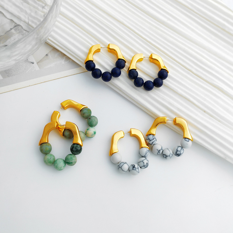 Retro Ball Copper Inlay Natural Stone Earrings 1 Pair