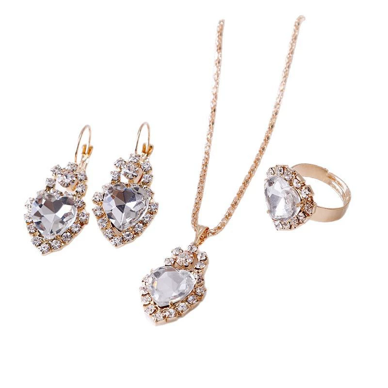 Earrings, ring, fashionable jewelry, pendant heart shaped, necklace heart-shaped for bride, 3 piece set, European style
