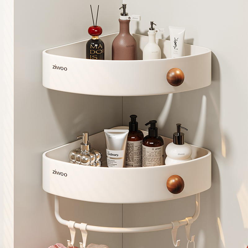 Cream White Bathroom Storage Rack Without Punching Bathroom Triangle Basket Toilet Shower Room Wall Storage Corner Shelf