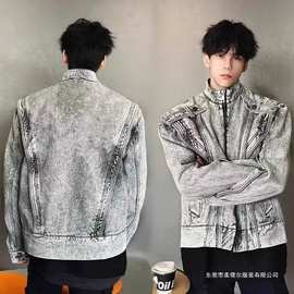 韩系重工机车拼接短款牛仔外套男士时尚水洗做旧立领廓形灰色夹克